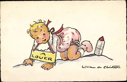 Künstler Ak A Louer, krabbelndes Kleinkind, Milchflasche