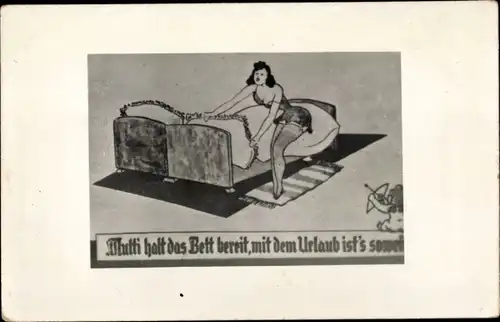 Ak Mutti halt das Bett bereit, mit dem Urlaub ist's soweit, Frau in Unterwäsche, Amor mit Bogen
