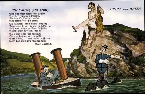 Künstler Ak Saalfeld, Gruß vom Rhein, Die Loreley von heute, Verkehrspolizist, Rotorboot