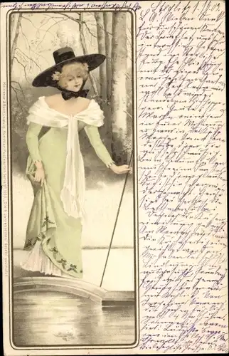 Litho Frau in grünem Kleid mit schwarzem Hut an einem Teich