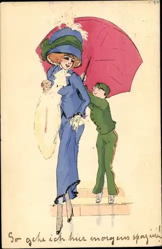 Künstler Ak Portier hält Schirm für elegante Dame