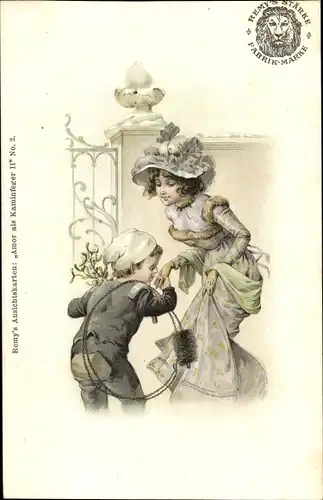 Litho Schornsteinfeger küsst Frau die Hand, Reklame, Remy' Stärke, Amor als Kaminfeger