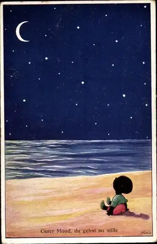 Ak Guter Mond, du gehst so stille, Kind am Strand