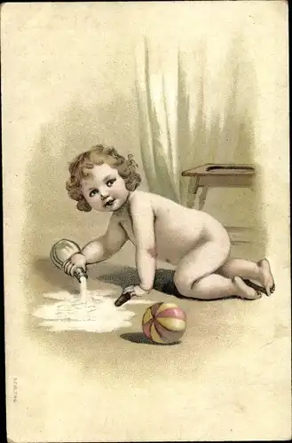 Litho Kleinkind schüttet Milchflasche aus