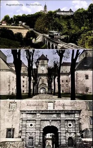 Ak Augustusburg im Erzgebirge, Drahtseilbahn, Schlosshof, Schlosseingang