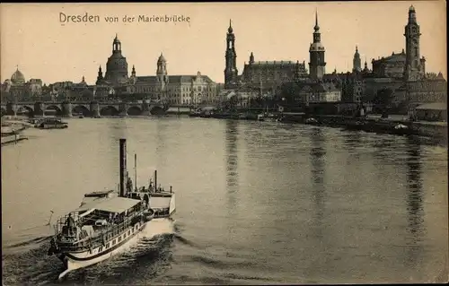 Ak Dresden Altstadt, von der Marienbrücke, Dampfer