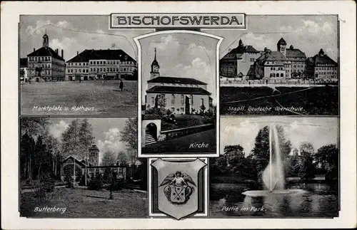 Wappen Ak Bischofswerda in Sachsen, Marktplatz, Rathaus, Kirche, Butterberg, Park, Oberschule