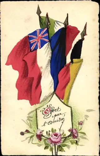 Ak Französische, Belgische, Britische und Italienische Fahnen, Rosen