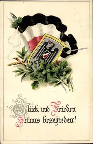 Präge Ak Kaiserliche Fahne und Wappen, Eichenlaub, Glück und Frieden...