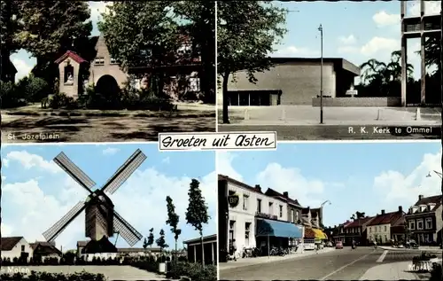 Ak Asten Nordbrabant, St. Jozefplein, R. K. Kerk te Ommel, Molen, Markt