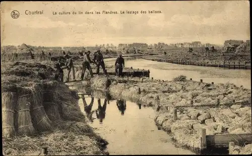 Ak Kortrijk Courtrai Westflandern, La culture du lin dans les Flandres. Le lestage des ballons