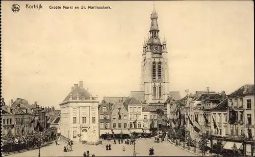 Ak Kortrijk Courtrai Westflandern, Groote Markt en St. Martinuskerk