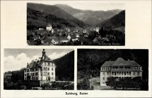 Ak Sulzburg in Baden Schwarzwald, Panorama, Schulhaus, Städt. Krankenhaus