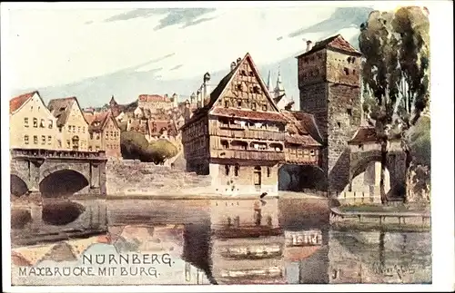 Künstler Ak Nürnberg in Mittelfranken, Maxbrücke, Burg