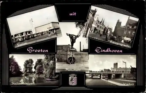 Ak Eindhoven Nordbrabant Niederlande, Station, Keizersgracht, Viaduct, Monument, park