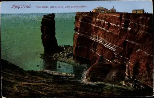 Ak Helgoland, Westküste mit Nonne und Nebelstation