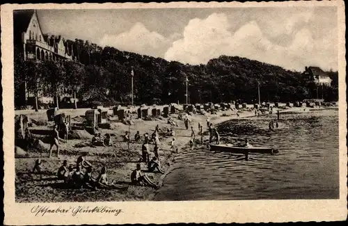 Ak Glücksburg an der Ostsee, Strandpartie, Badegäste, Strandkörbe