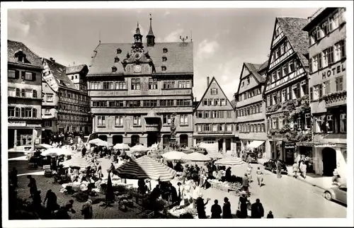 Ak Tübingen am Neckar, Marktplatz, Rathaus, Hotel, Marktstände