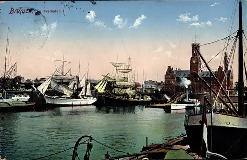 Ak Hansestadt Bremen, Freihafen I., Schiffe