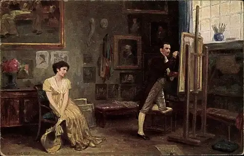 Künstler Ak Schneider, E., Kunst bringt Gunst, Frau im Maleratelier, Staffelei