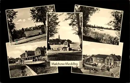 Ak Malchow in Mecklenburg, Teilansichten, Gedenkstein, Hafen, Dampfer