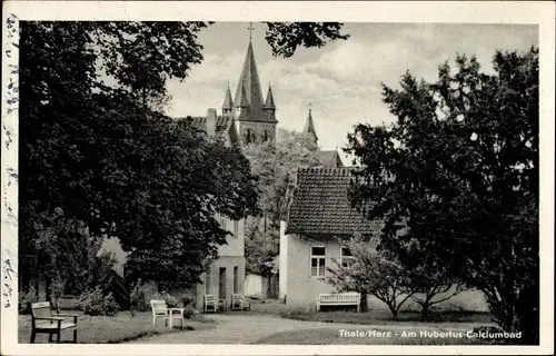 Ak Thale im Harz, Partie am Hubertus Calciumbad, Kirchturm, Häuser