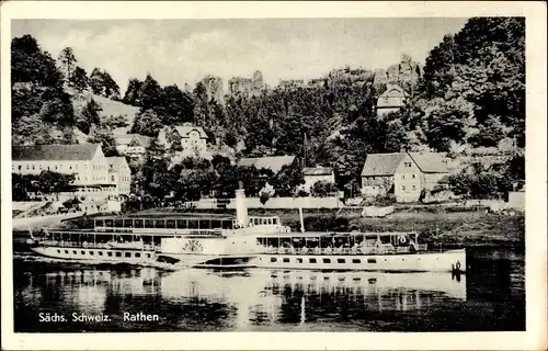 Ak Rathen an der Elbe Sächsische Schweiz, Teilansicht mit Salondampfer Leipzig
