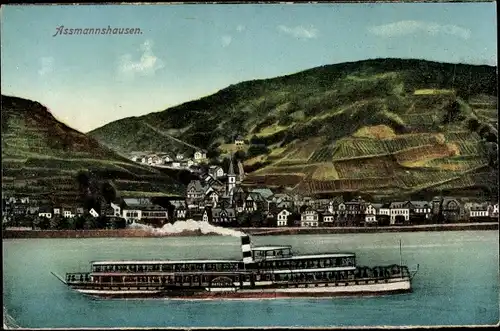 Ak Assmannshausen Rüdesheim am Rhein, Panorama, Dampfer Rheingold