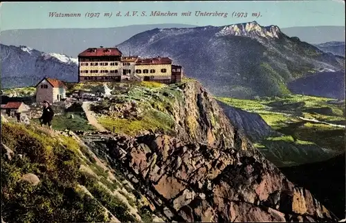 Ak Berchtesgaden in Oberbayern, Watzmann d. A. V. S. München mit Untersberg