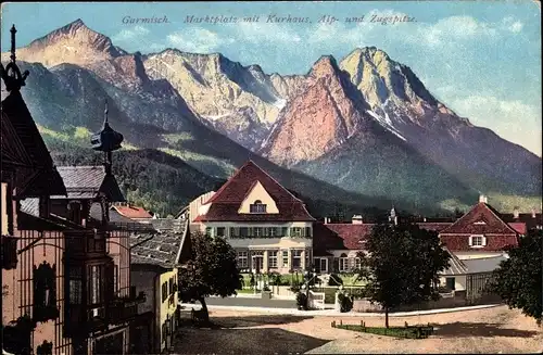 Ak Garmisch Partenkirchen in Oberbayern, Marktplatz mit Kurhaus, Alp- und Zugspitze