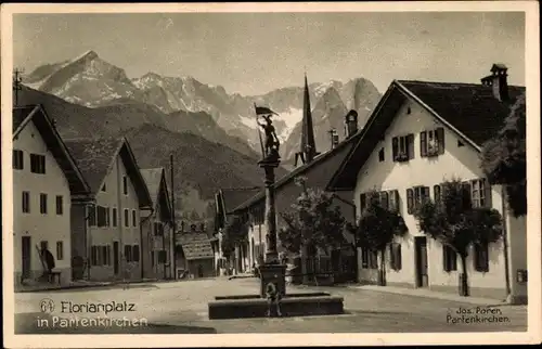 Ak Garmisch Partenkirchen in Oberbayern, Florianplatz, Brunnen