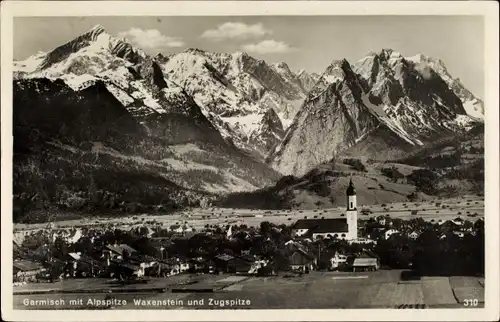 Ak Garmisch Partenkirchen in Oberbayern, Panorama mit Alpspitzer, Waxenstein und Zugspitze