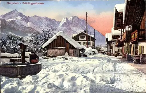 Ak Garmisch Partenkirchen in Oberbayern, Frühlingsstraße im Winter, Brunnen