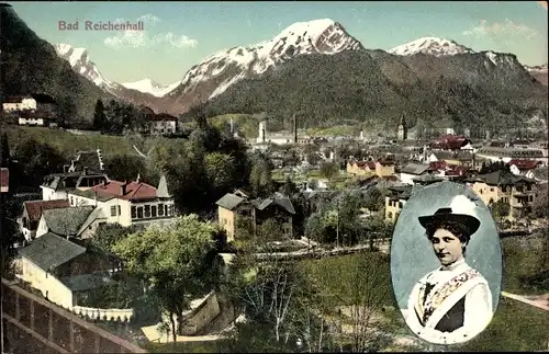 Ak Bad Reichenhall in Oberbayern, Gesamtansicht, Frauenportrait, Tracht