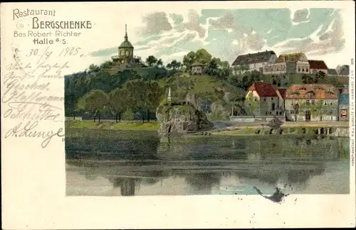 Litho Halle an der Saale, Flusspartie mit Restaurant Bergschänke, Inh. Robert Richter