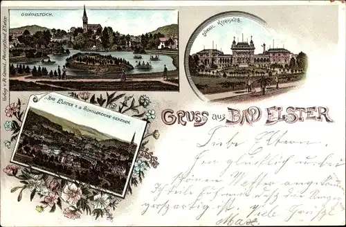 Litho Bad Elster im Vogtland, Panorama, Gondelteich, Kurhaus