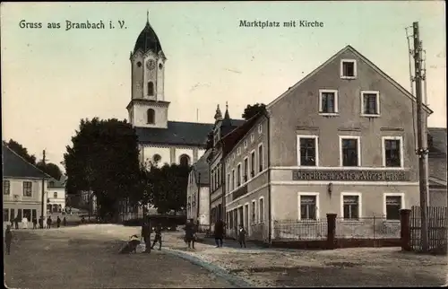 Ak Bad Brambach im Vogtland, Marktplatz und Kirche, Konditorei Café