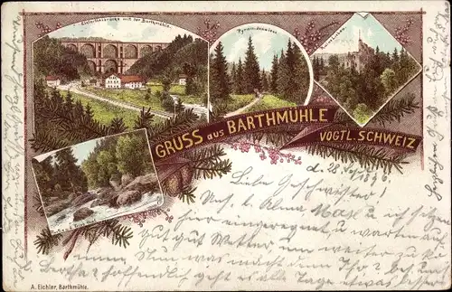 Litho Barthmühle Pöhl im Vogtland, Ruine Liebau, Elstertalbrücke, Landschaft