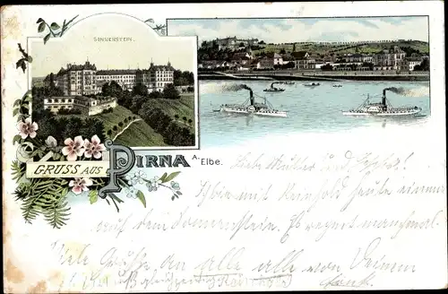 Litho Pirna an der Elbe, Schloss Sonnenstein, Panorama, Dampfer