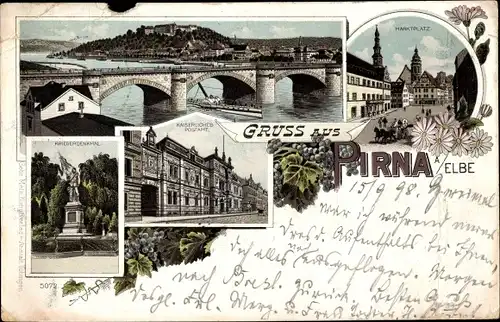 Litho Pirna in Sachsen, Brücke, Kriegerdenkmal, Postamt, Marktplatz