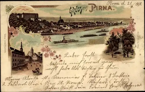 Litho Pirna in Sachsen, Panorama, Marktplatz, Kriegerdenkmal
