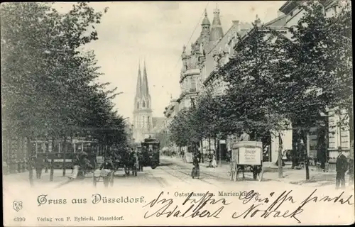 Ak Düsseldorf am Rhein, Oststraße, Marienkirche, Straßenbahn