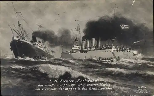 Ak Deutsches Kriegsschiff, SMS Karlsruhe, Kreuzer, englischer Dampfer