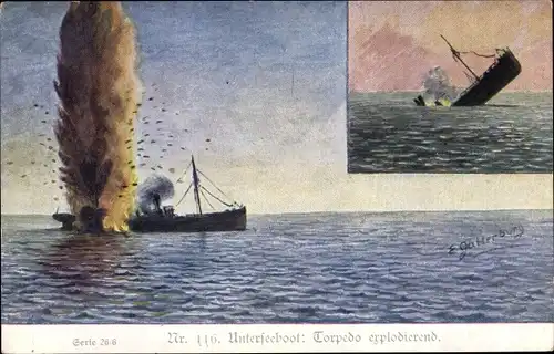 Künstler Ak Deutsches U Boot, Torpedo explodierend