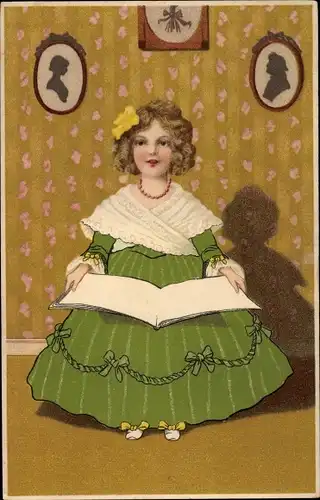Künstler Litho Mädchen in grünem Kleid mit Buch