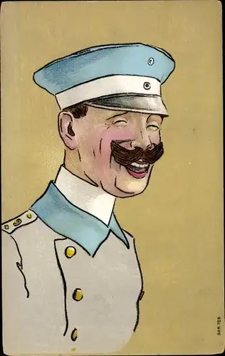 Künstler Ak Lachender Deutscher Soldat in Uniform, Schirmmütze, Karikatur Kaiser Wilhelm II.