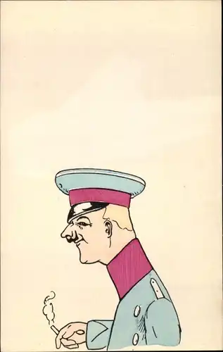 Künstler Ak Karikatur, Soldat in Uniform mit Zigarette
