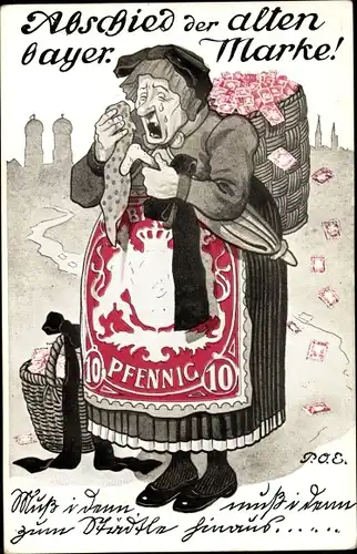 Künstler Briefmarken Ak Engelhard, P.O.E., Abschied der alten bayerischen Marke