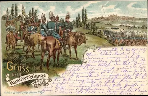 Litho Deutsche Soldaten, Kaiserreich, Manöver 1897, Pferde, Federbusch