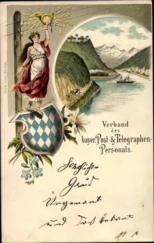 Wappen Litho Verband des bayrischen Post u. Telegraphen Personals, Bavaria mit Posthorn, Leitung